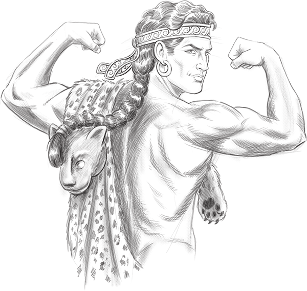 Illustration of Paris, shirtless, flexing both arms, a leopard-fur cloak with a gold leopard head clasp draped over one shoulder