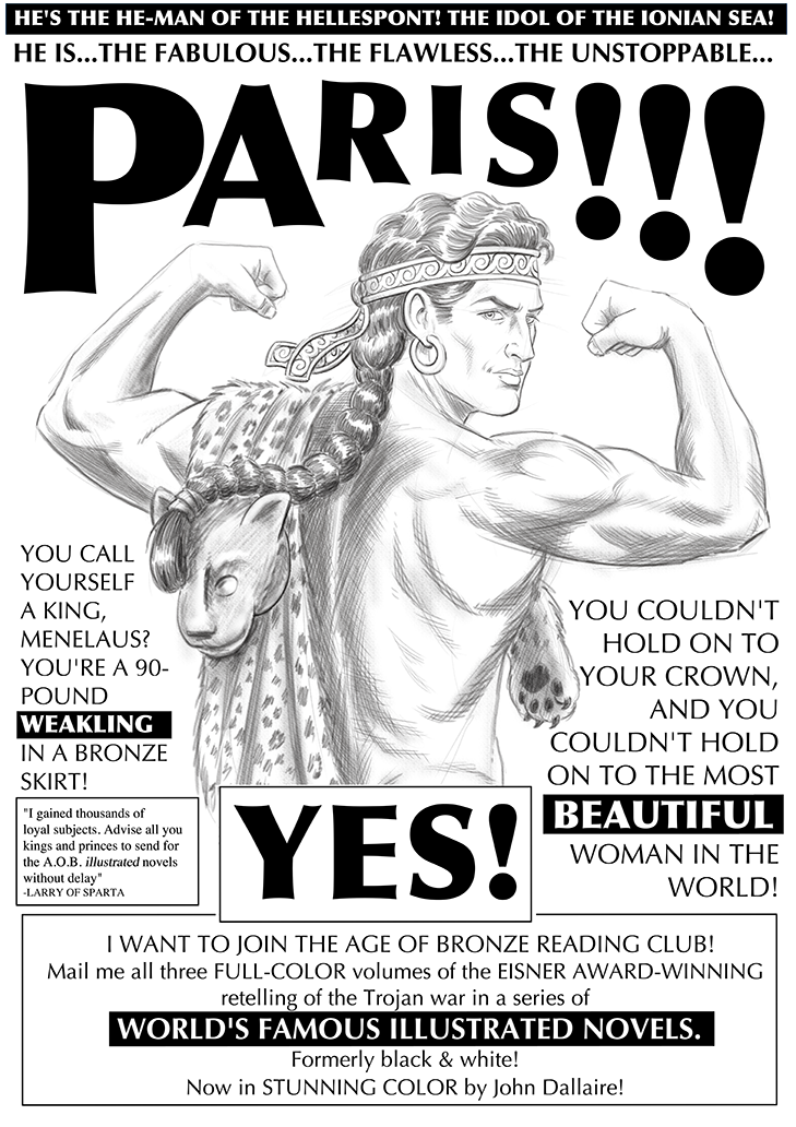 Full-page parody ad for Paris, styled as a vintage bodybuilding advertisement