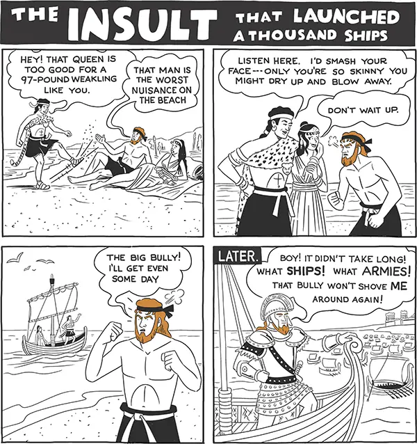Four-panel comic strip titled 'The Insult That Launched a Thousand Ships.' Panel 1: Paris kicks sand as he struts past Menelaus and Helen on a beach towel; Paris calls Menelaus a 97-pound weakling, Menelaus calls Paris the worst nuisance on the beach. Panel 2: Paris confronts Menelaus directly, threatening to smash his face, then tells him not to wait up. Panel 3: Menelaus alone, fists clenched, vowing to get even. Panel 4, labeled LATER: Menelaus in full armor boards a warship at the head of a fleet, shouting about the ships and armies he's assembled.