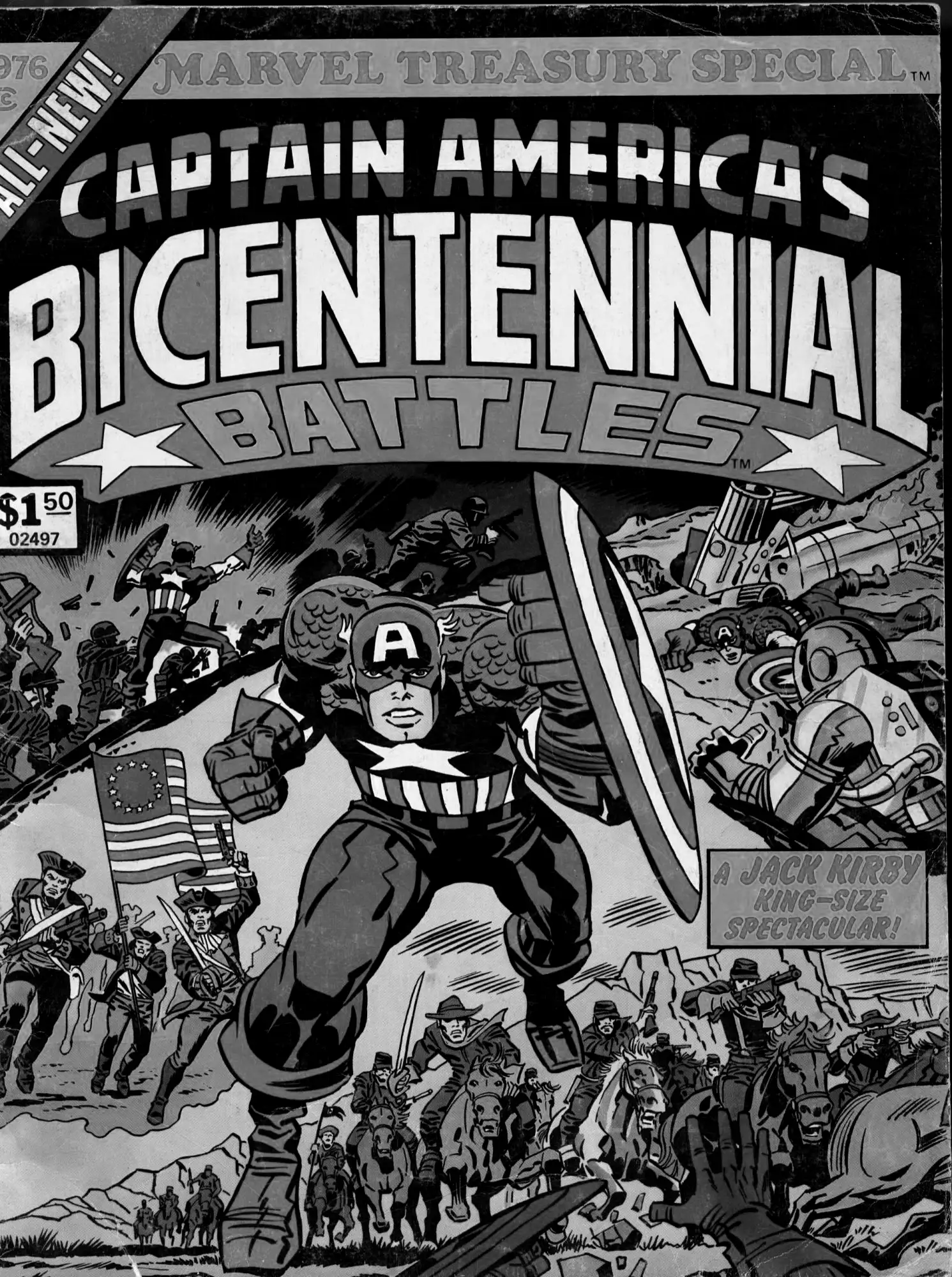 Cover of Captain America's Bicentennial Battles, Marvel Treasury Special, 1976. Art by Jack Kirby. Captain America stands in full uniform before an American flag, backed by figures from American history.